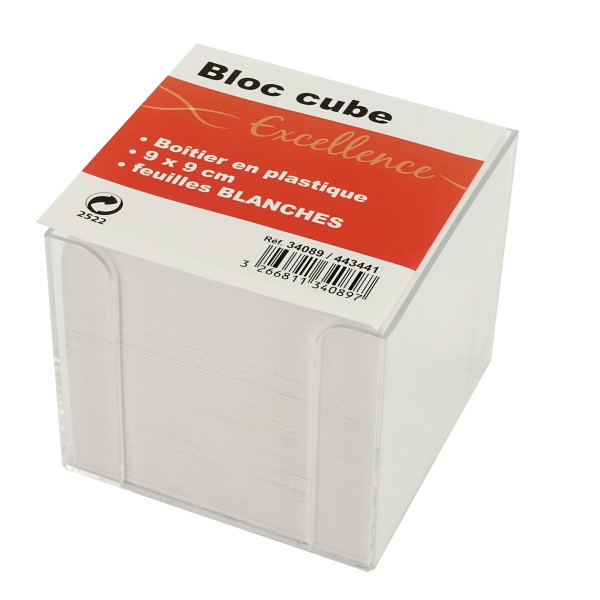 Boîtier en plastique transparent garni d'un bloc de 700 feuilles blanches, dimensions : 9 x 9 x 9 c
