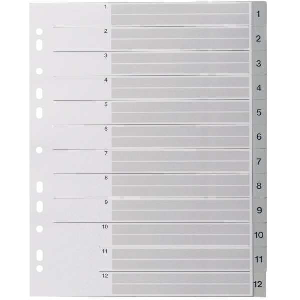Jeu de 12 intercalaires numériques en polypropylène gris, format A4+