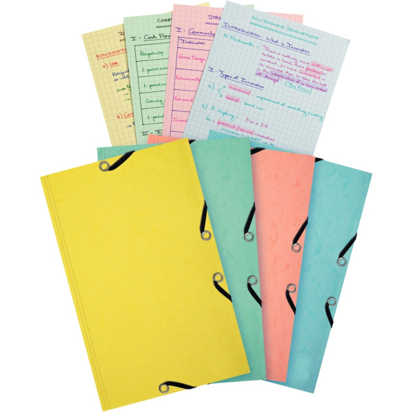 Chemise 3 rabats a élastique aquarelle + 25 fiches bristols 125 x 200mm - 4 couleurs assorties