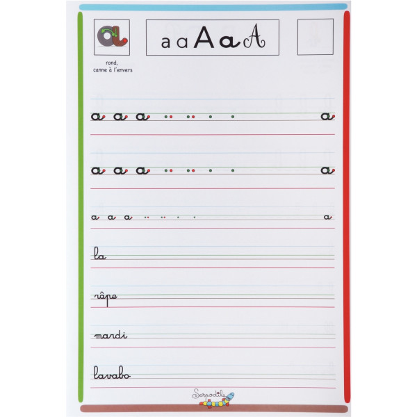 Cahier d'écriture DYS format A4, 32 pages, lettres minuscules cursives