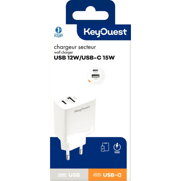 Chargeur secteur 2 ports 12W/USB-A et 15W/USB-C blanc