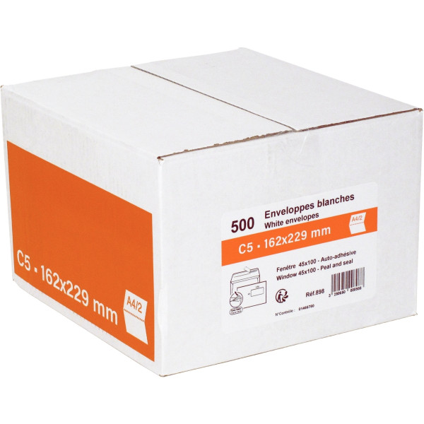 Boite de 500 enveloppes blanches 162x229mm 80g bande siliconée fenêtre 45x100mm