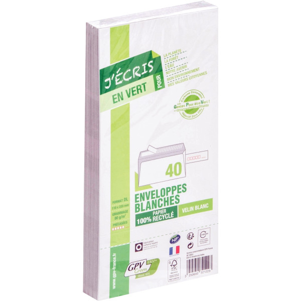 Paquet de 40 enveloppes blanches 110x220mm 80g bande siliconée