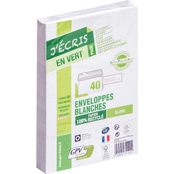Paquet de 40 enveloppes blanches 114x162mm 80g bande siliconée précasées