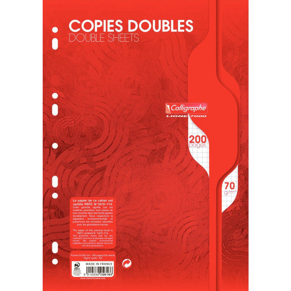 Sachet de 50 copies doubles perforées, format A4, quadrillé 5x5, papier 70g, blanc