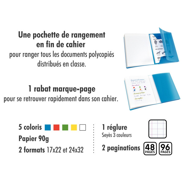 Piqûre 48 pages avec 2 rabats, format 17x22 cm, seyès 90g, couverture polypropylène bleu