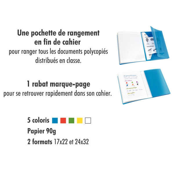 Piqûre 96 pages avec 2 rabats, format 17x22 cm, seyès 90g, couverture polypropylène bleu