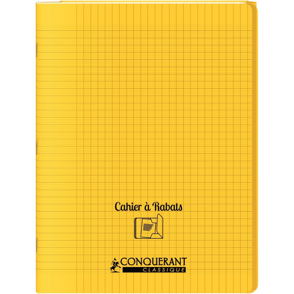 Piqûre 48 pages avec 2 rabats, format 24x32 cm, seyès 90g, couverture polypropylène jaune