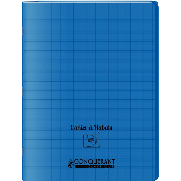 Piqûre 96 pages avec 2 rabats, format 24x32 cm, seyès 90g, couverture polypropylène bleu