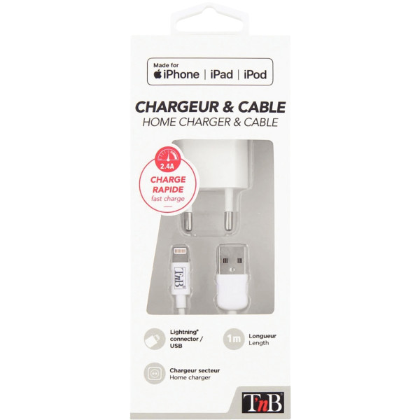 Chargeur secteur avec cordon USB-A vers Lightning
