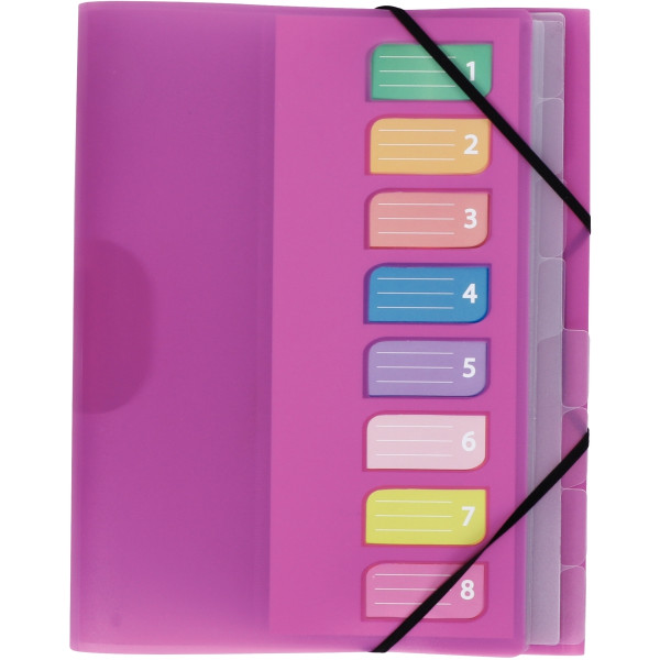 Trieur en polypropylène 3 rabats + élastiques COLOR FRESH 8 compartiments, coloris assortis