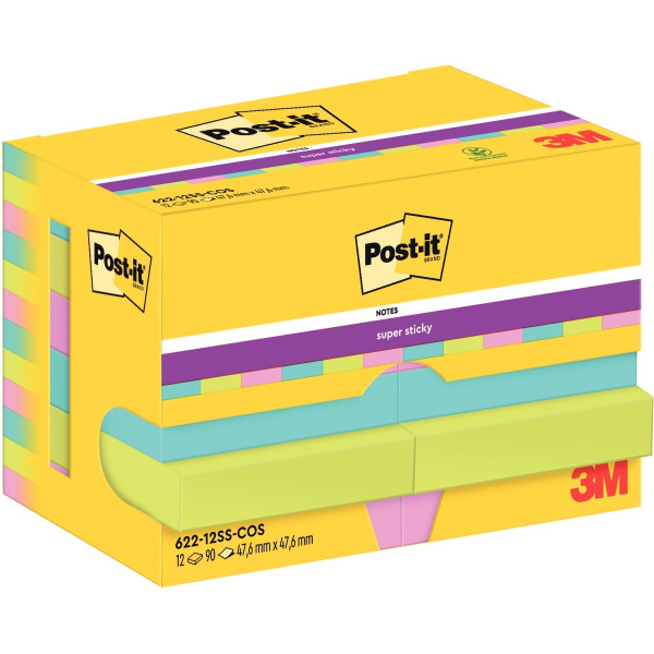 Paquet de 12 blocs de 90 feuilles Super Sticky post-it, 476 x 476 mm, couleurs cosmic : bleu océan, 