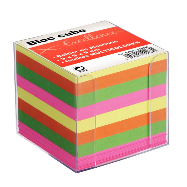 Boîtier en plastique transparent garni d'un bloc de 700 feuilles multicolores, dimensions : 9 x 9 x