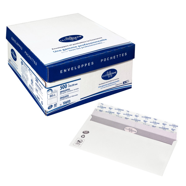 Boîte de 500 enveloppes blanches format C6 114x162 90g/m² bande de protection