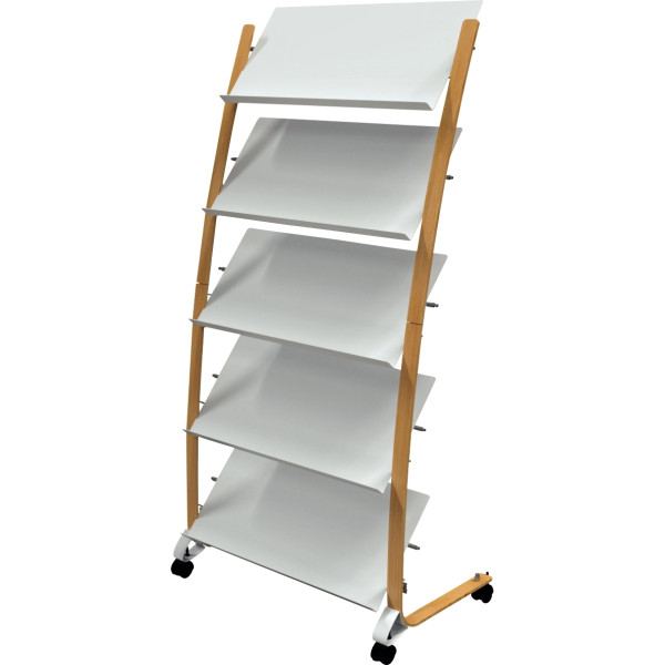 Présentoir mobile 15 compartiments blanc et bois