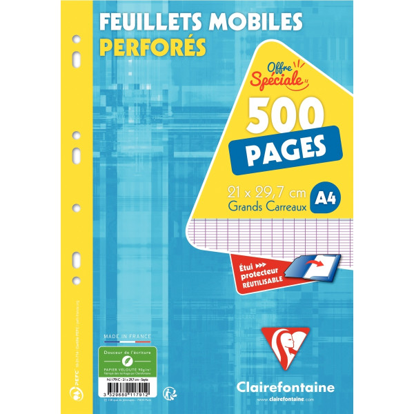 Feuillets mobiles 500 pages 90g, format A4, seyès blanc