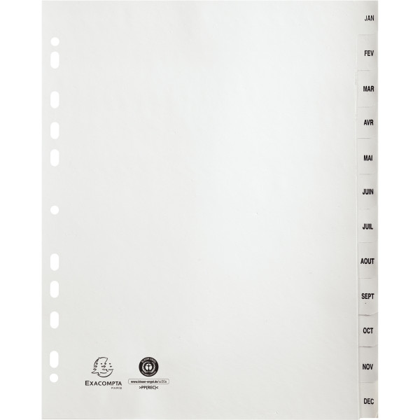 Jeu de 12 intercalaires mensuels en polypropylène gris recyclé, format A4+