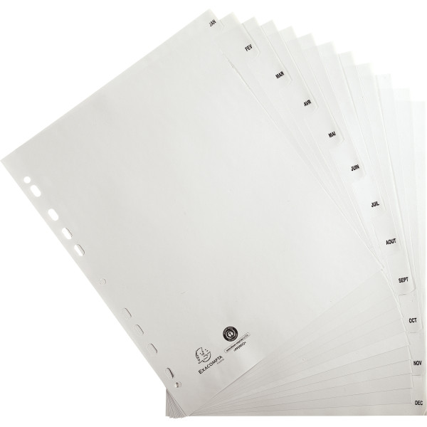 Jeu de 12 intercalaires mensuels en polypropylène gris recyclé, format A4+