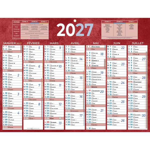 Calendrier semestriel 7 mois par face 32x42cm rouge