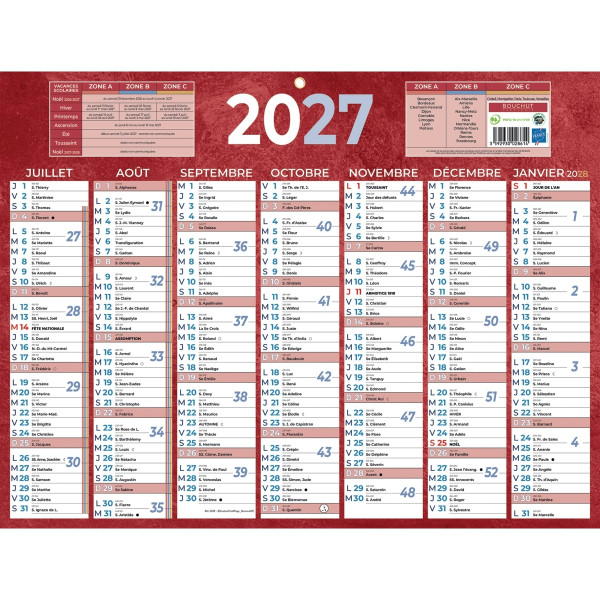 Calendrier semestriel 7 mois par face 32x42cm rouge