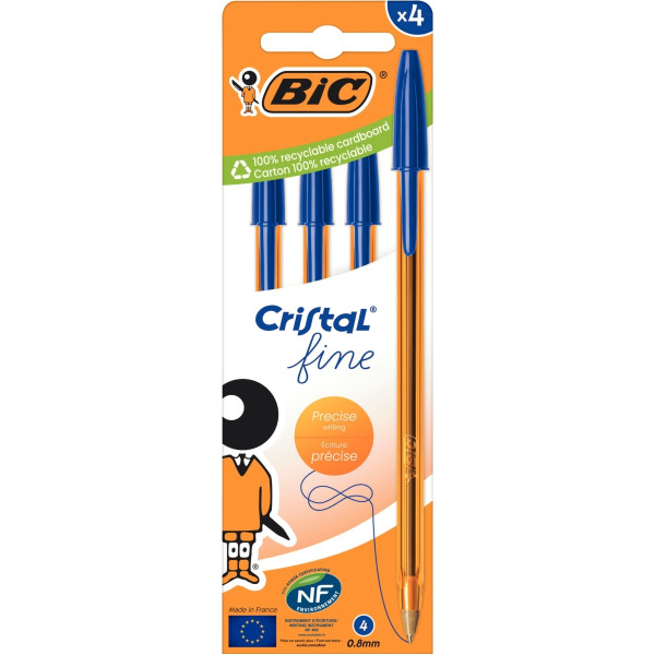 Blister de 4 stylos bille Cristal pointe fine bleus
