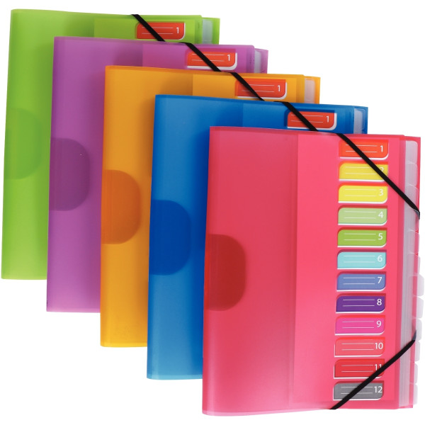 Trieur en polypropylène 3 rabats + élastiques COLOR FRESH 12 compartiments, coloris assortis