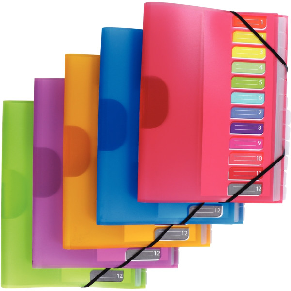 Trieur en polypropylène 3 rabats + élastiques COLOR FRESH 12 compartiments, coloris assortis