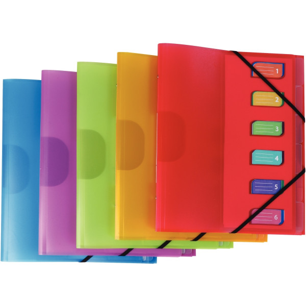 Trieur en polypropylène 3 rabats + élastiques COLOR FRESH 6 compartiments, coloris assortis