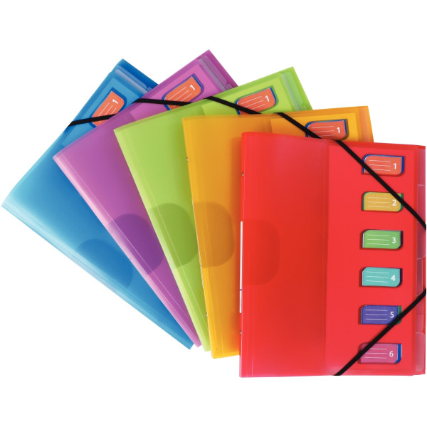 Trieur en polypropylène 3 rabats + élastiques COLOR FRESH 6 compartiments, coloris assortis