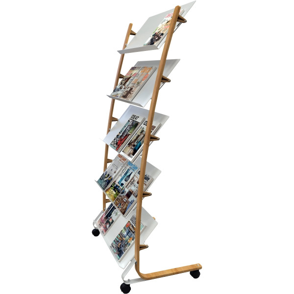 Présentoir mobile 15 compartiments blanc et bois